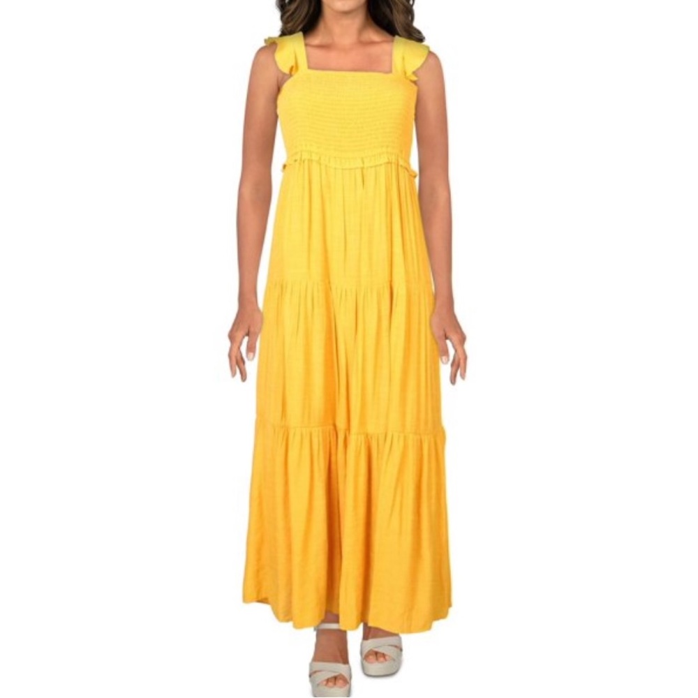 Nanette Lepore Yellow Sundress Square Neck Smocked Ruffled Tiered Women’s Size 4